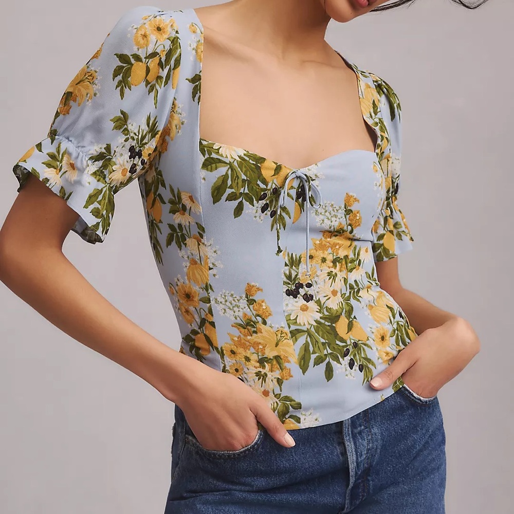 Reformation Blue Floral Sweetheart Top with Yellow Flowers